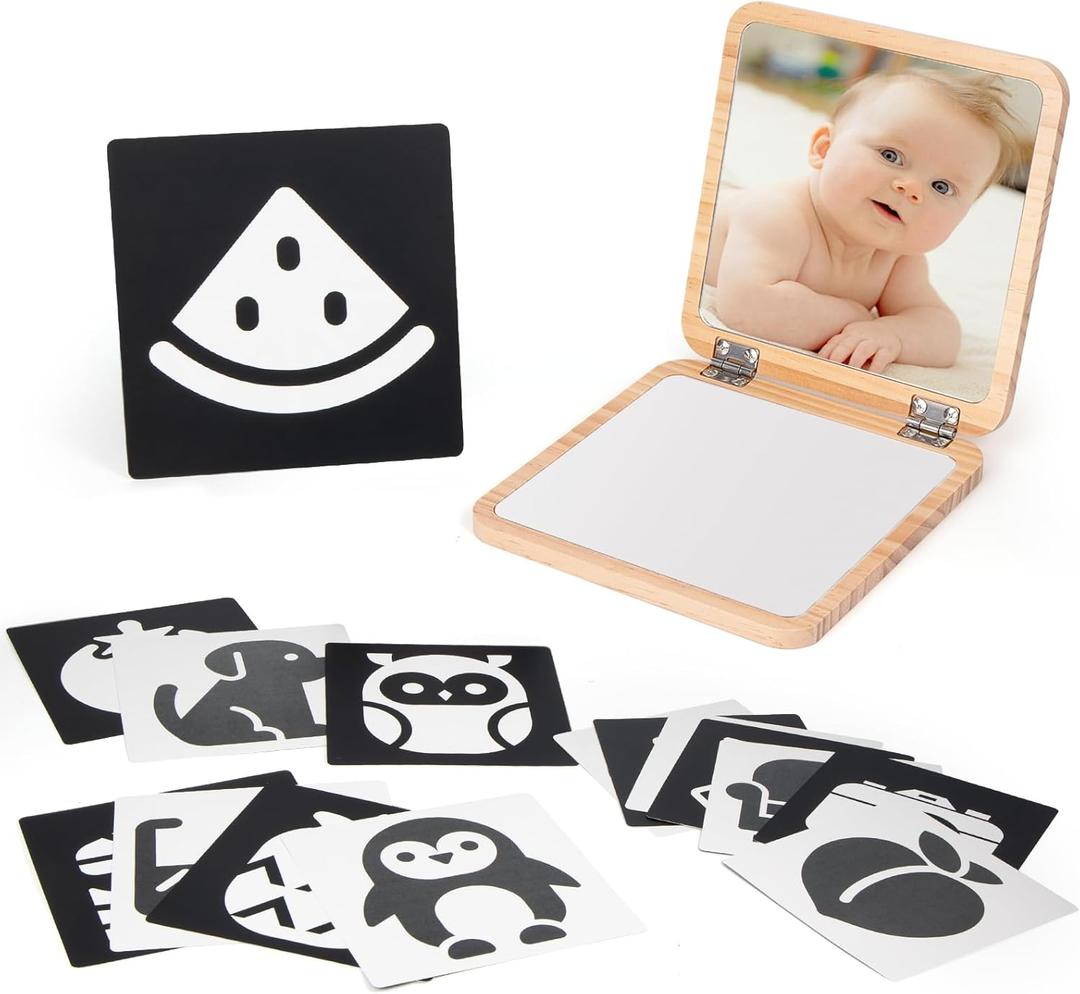 Woodtoe Tummy Time Mirror for Infant, 0-180 Adjustable Baby Mirrors with 15 Black and White Educational Cards, Shatterproof & Portable Baby Safe Mirror Toy, Developmental Baby Gift for 0-6 Months