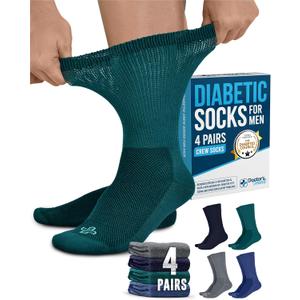 Doctor's Select Men's Diabetic Socks for Men - 4 Pairs, Size: Large (Large, Crew Height - Navy, Green, Blue, Grey)