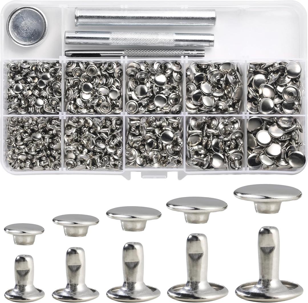 YORANYO 340 Sets Leather Rivets Kit Mixed Sizes Rivets for Leather Double Cap Rivets Studs for Clothing Fabric with Leather Crafting Rivet Tool for Repair Decorate Clothes Shoes Bags Belts (Silver)