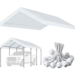 10'x20' Upgraded Carport Replacement Top Canopy Cover for Car Garage Shelter Tent Party Tent with Ball Bungees White (Only Top Cover, Frame is not Included)