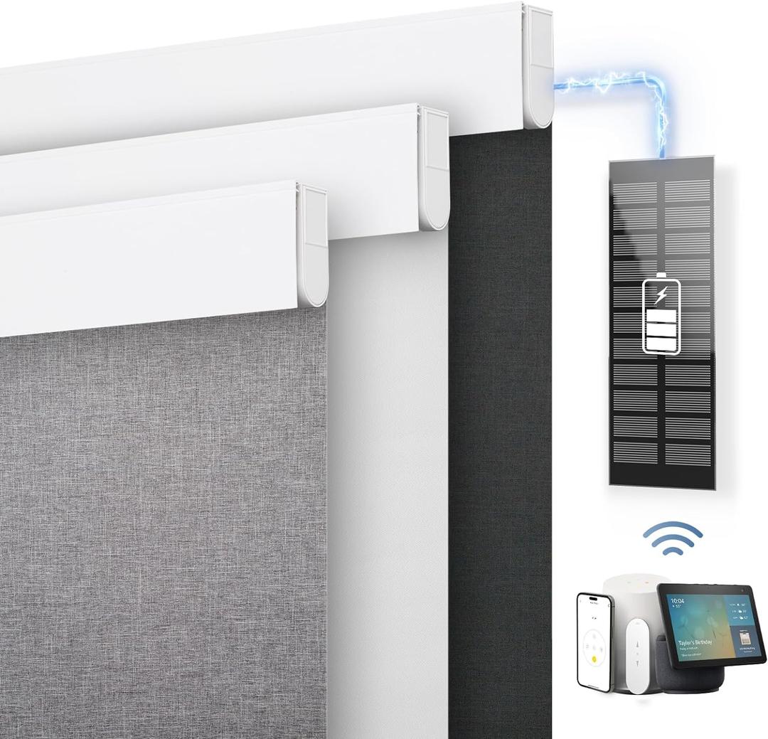 DENFOON Motorized Blinds with Remote control, Custom Blackout Smart Blinds [with Cover],Electric Blinds with Complimentary Solar Panel, Cordless Automatic Roller Shades for Windows (Grey35"W x 72"H)