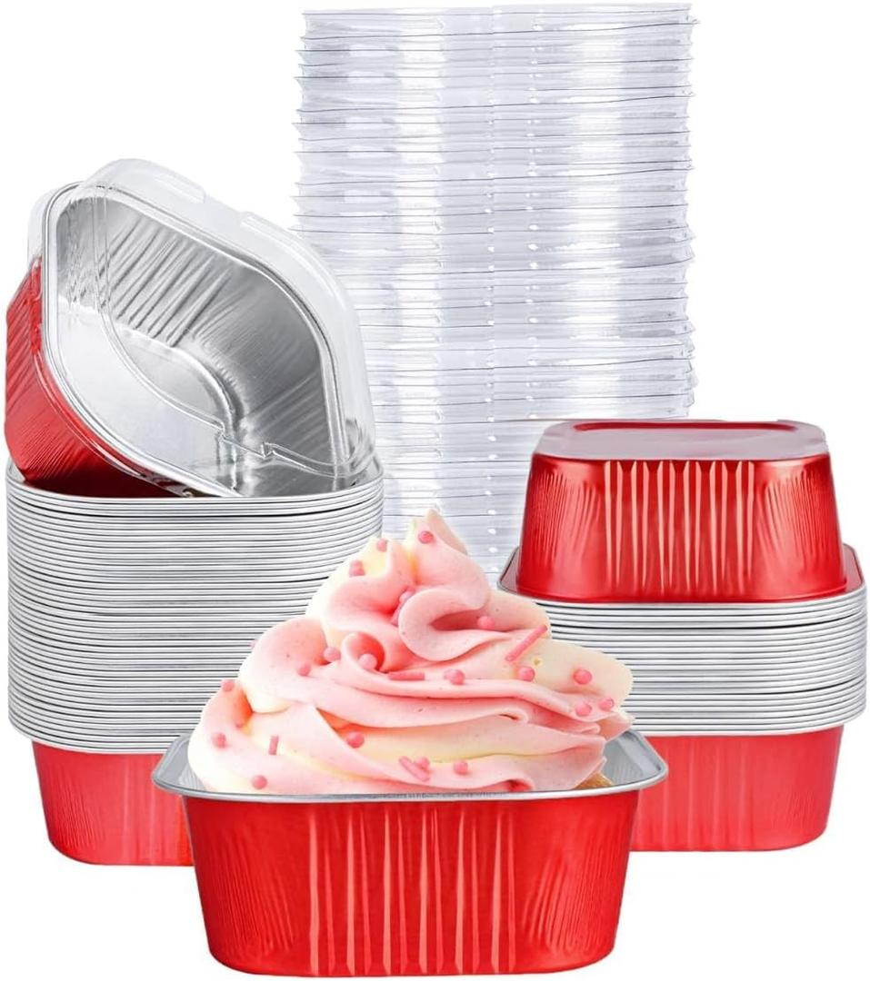 40 Pack Mini Cake Pans with Lids, 5oz Square Aluminum Foil Brownie Baking Cups, Muffin Tin Ramekins, Disposable Dessert Cupcake Cups for Wedding Birthday Party, Rad (Red)