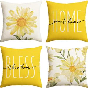 AVOIN colorlife Home Sweet Home Spring Summer Flowers Yellow Throw Pillow Covers, 20 x 20 Inch Cushion Case for Sofa Couch Set of 4