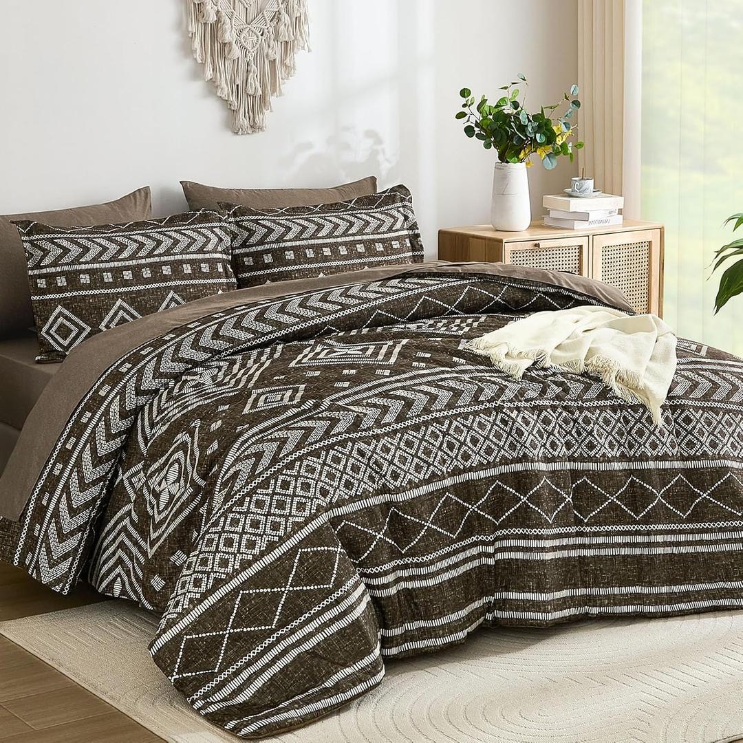Yiran Brown Comforter Queen Size, Boho Aztec Comforter Bedding Set, 7 Piece Bed in a Bag Queen, Soft Microfiber Bohemian Striped Complete Bedding Set with Sheets for All Season (Queen (90"x90"))