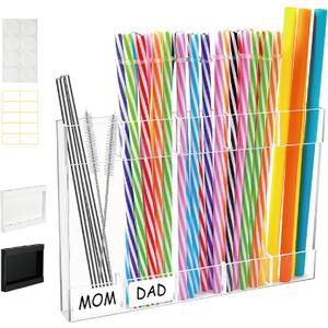 Straw Holder, Transparent Acrylic Straw Dispenser with Double Sided Adhesive Tape and Stickers,Organizer for Cupboard Reusable for Kitchen Counter (Transparent)