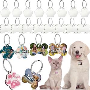 Xuniea 32 Pcs Sublimation Blank Dog Tag Set Bone Paw Shape Dog ID Name Tags Double Sided MDF Sublimation Keychain Blanks Collar Pendent with 16 Key Rings for Pet Personalized(Paw and Bone Style)