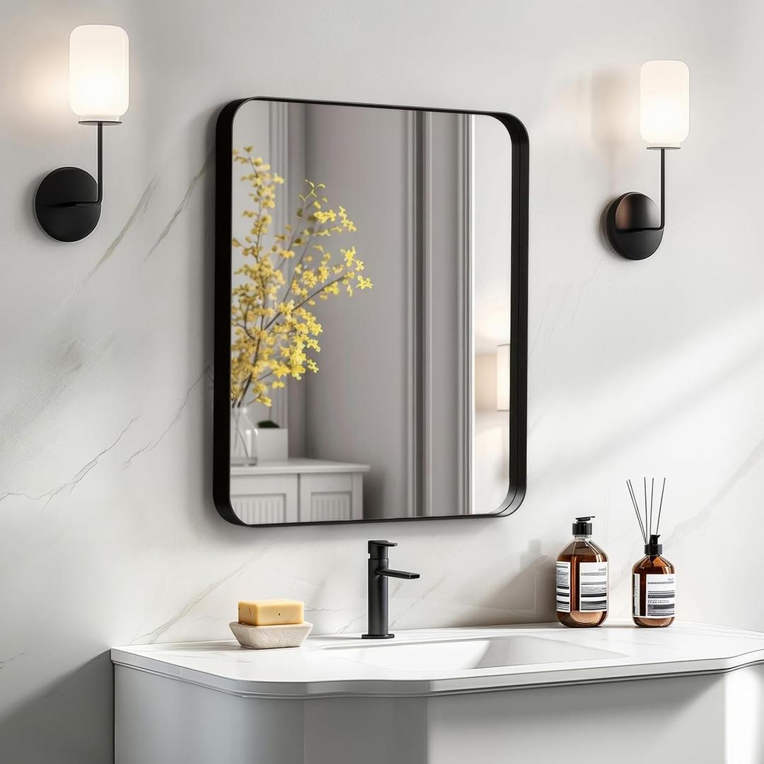 Kosmonia 20x16 Bathroom Vanity Mirror for Wall, Aluminum Framed, Farmhouse Rectangle, Anti-Rust, HD Reflection Anti-Desilvering, Distortion Free, Tempered and Shatter-Proof Wall Mounted Mirror, Black