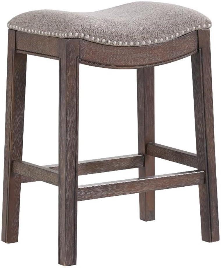 Williston Counter Height Stool, Dark Brown, Solid Rubberwood Frame with Gray Linen-Like Upholstered Seat, Silver Nailhead Accents, Footrest with Metal Kick Plate
