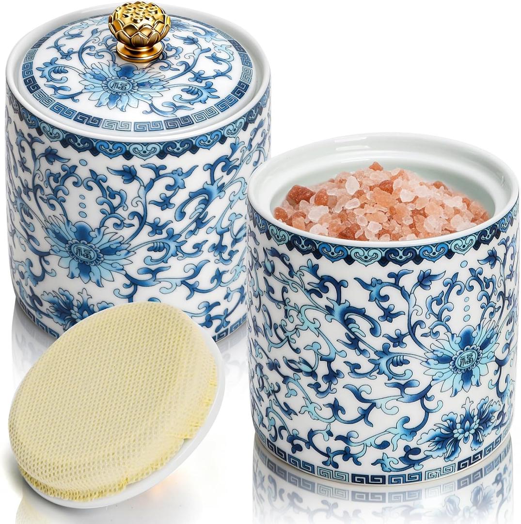 2 Pack Blue and White Porcelain Salt Cellar with Lid, Vintage Ceramic Salt Containers for Countertop, Small Airtight Salt Storage Box, Seasoning Holder, Spice Jars for Sugar, Candy, Herbs