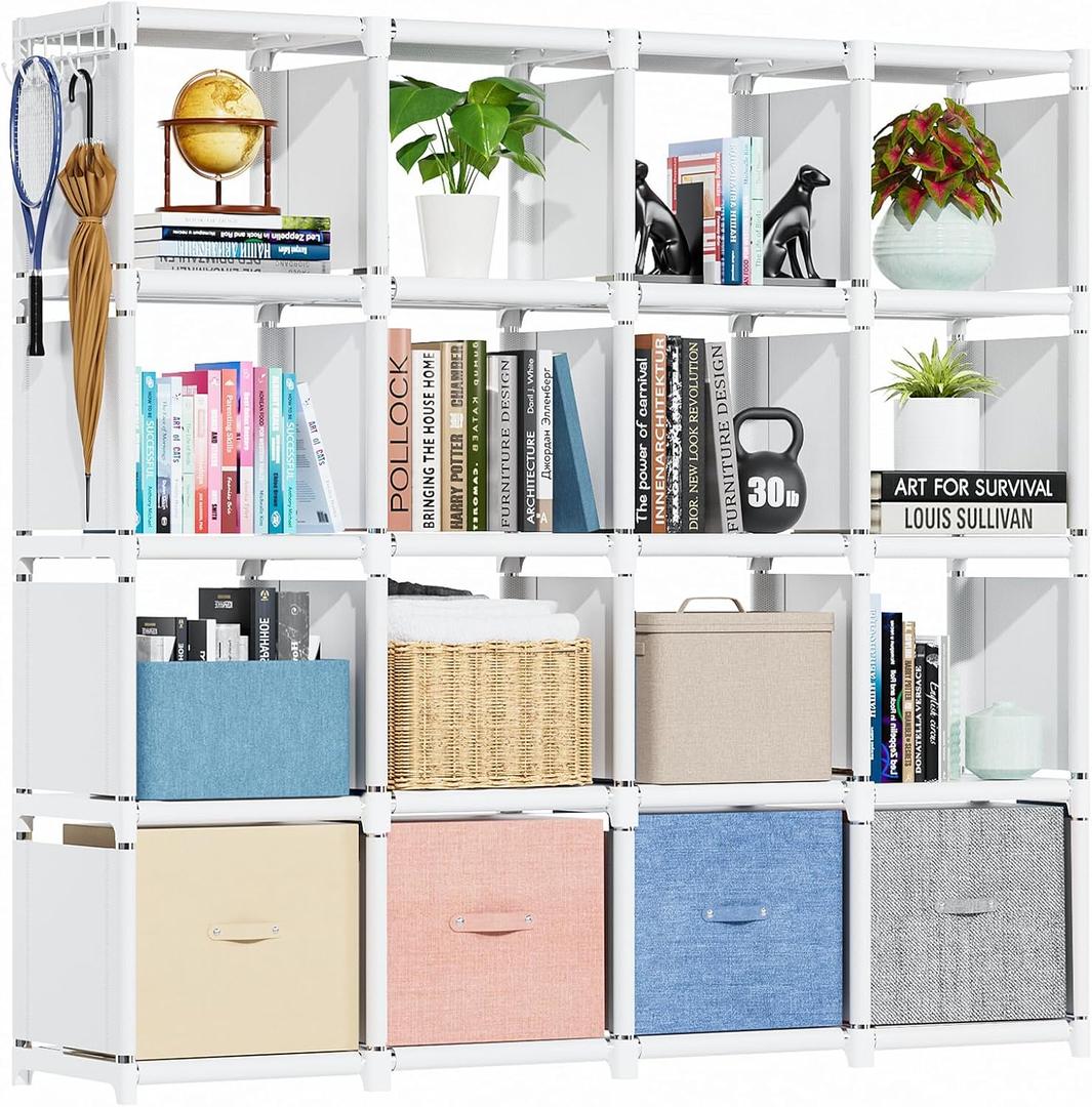 Mavivegue Book Shelf, 16 Cube Storage Organizer, Metal Cube Bookshelf, DIY Bookcase, Tall Book case for Bedroom, Living Room, Office -White