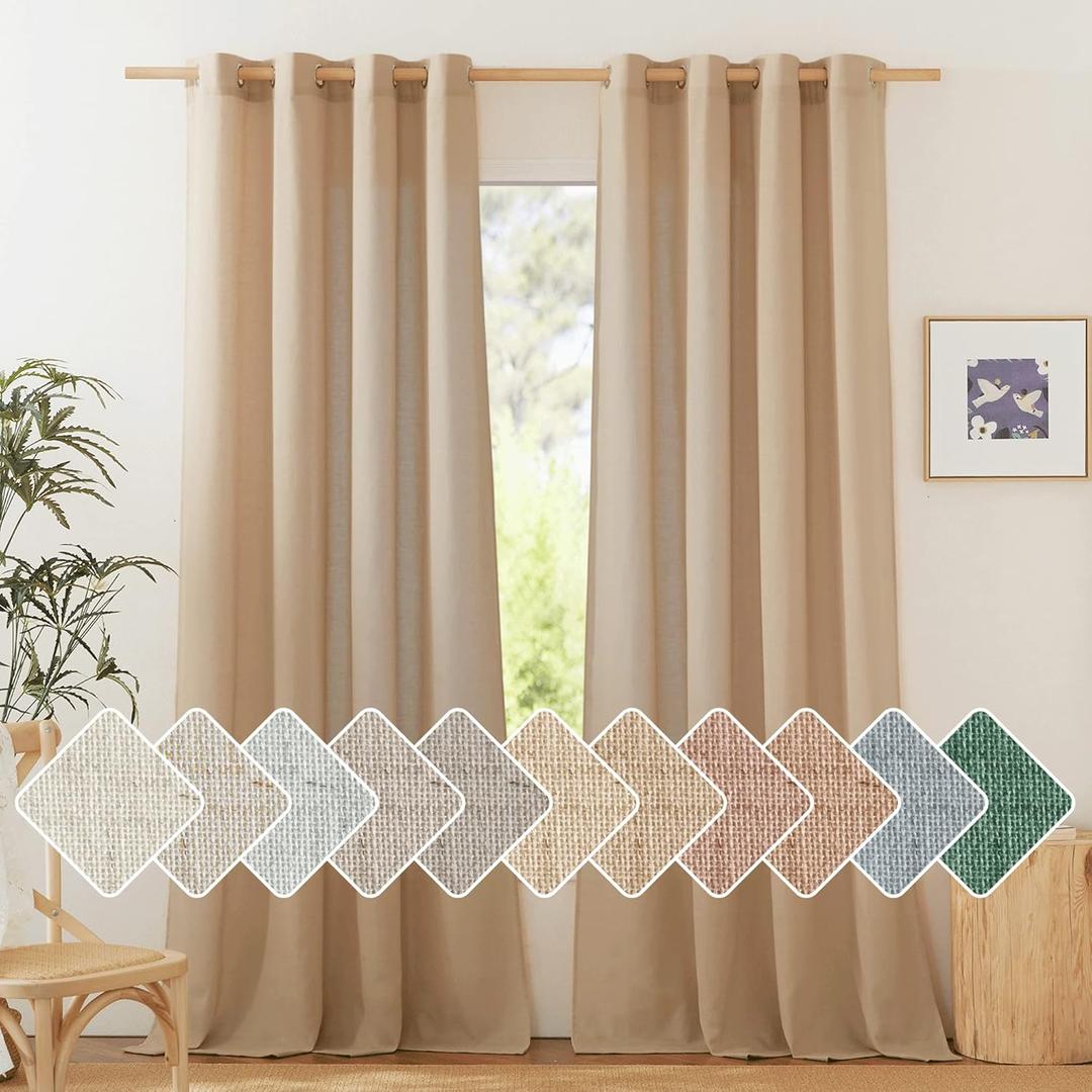 NICETOWN Camel Linen Window Curtains 84 inches Long, Grommet Thick Flax Semi-Sheer Light Filtering Curtains & Drapes Privacy Assured with Light Filtering for Living Room, W55 x L84, 2 Pieces