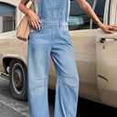Yoeasy Womens Denim Bib Overalls Barrel Wide Leg Baggy Adjustable Strap Denim Pants Jumpsuits with Pockets (Large, Light Blue