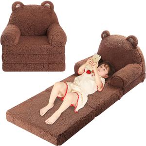 Foldable Kids Sofa, Sherpa Teddy Bear Toddler Couch with Tri Folding Foam Cushions, Comfy Couch for Kids Age 18 Months and Up (Small)