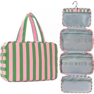 Toiletry Bag for Women Travel Water-resistant Cosmetic Bag Fashion Stripes Makeup Bag with Hanging Hook Preppy for Store Toiletries Cosmetic Accessories Medium Green