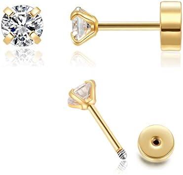 Renkovte Flat Screw Back CZ Stud Earrings,Small Flat Back Cubic Zirconia Stud Earrings for Helix Cartilage Tragus Earlobe Piercing for Women,2mm CZ 3mm CZ 4mm CZ Gold Color