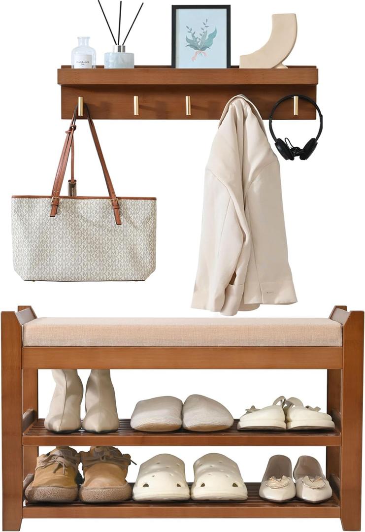 Shoe Rack for Front Door Entrance, 28 Entryway Bench with Coat Rack, Hall Tree Shoe Bench with Storage for Entry, Hallway, Bedroom, Living Room (Brown)