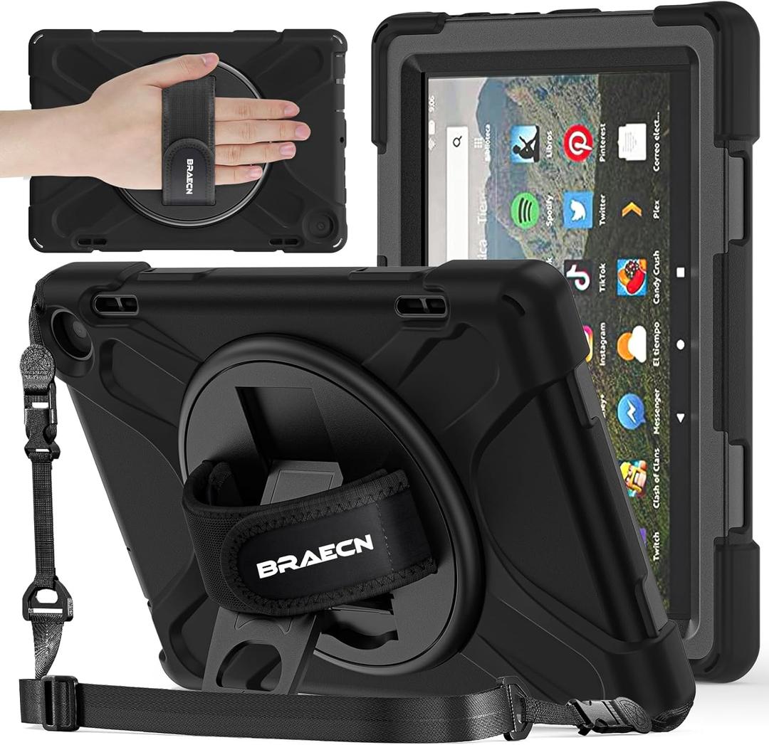 BRAECNstock for Amazon Fire HD 8 Tablet Case (12th Generation, 2024/2022) 8", Shockproof Protective Kids Case with [Rotating Hand Strap+Stand], Pen Holder, Shoulder Strap, Black (01 Black (Without Screen Protector))