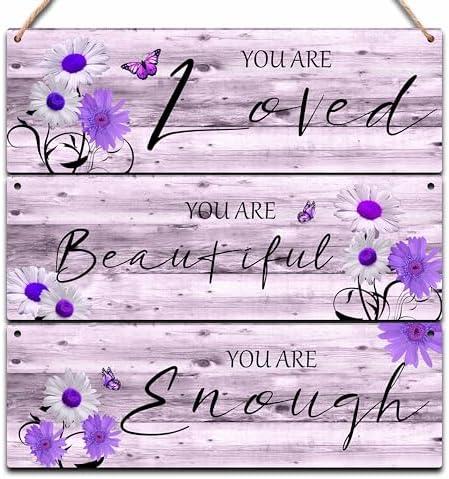 Set of 2 Pack, OXRUN 3 PCS Purple Floral Wall Art Hanging Decor, Inspirational Quotes You Are Beautiful Wood Decor, Valentine's Day Gift for Her Living Room Bathroom - A08