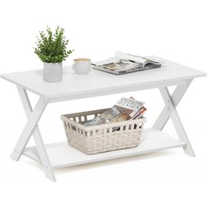 Furinno Modern Simplistic Coffee Table, 2-Tier Rectangle Modern Coffee Table with Open Shelf and X-Legs, Criss-Crossed Side Table, for Living Room, Bedroom, Home Office, White