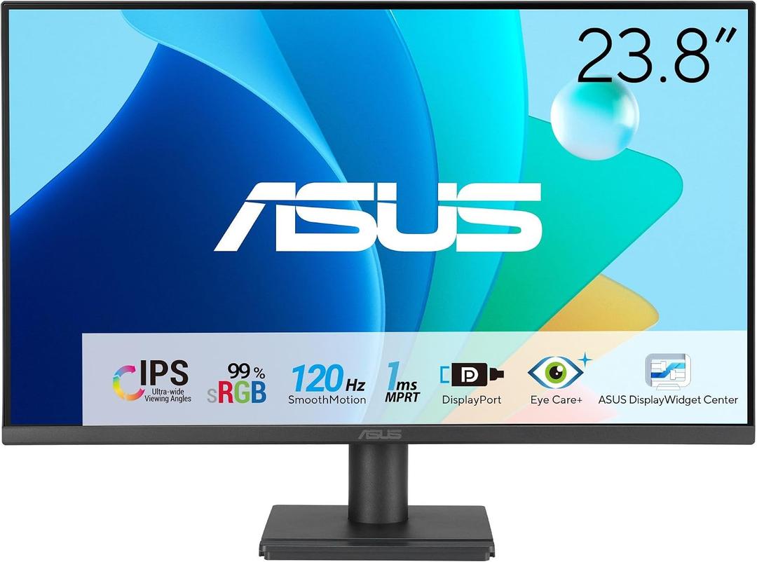 ASUS 24 1080P Eye Care Monitor (VA249QG) - IPS, Full HD, 99% sRGB, Frameless, 120Hz, Adaptive-Sync, 1ms, Speakers, HDMI, DisplayPort, VGA, Low Blue Light, Flicker Free, Wall Mountable