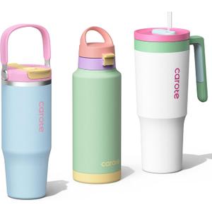 CAROTE 3-Pack Insulated Stainless Steel Water Bottles with Upgraded Leakproof Tech, Car Holder Fit & Scratch-Resistant, 32/32/40 oz Travel Straw Tumblers Set for Home/Car/Outdoor (Macaron)