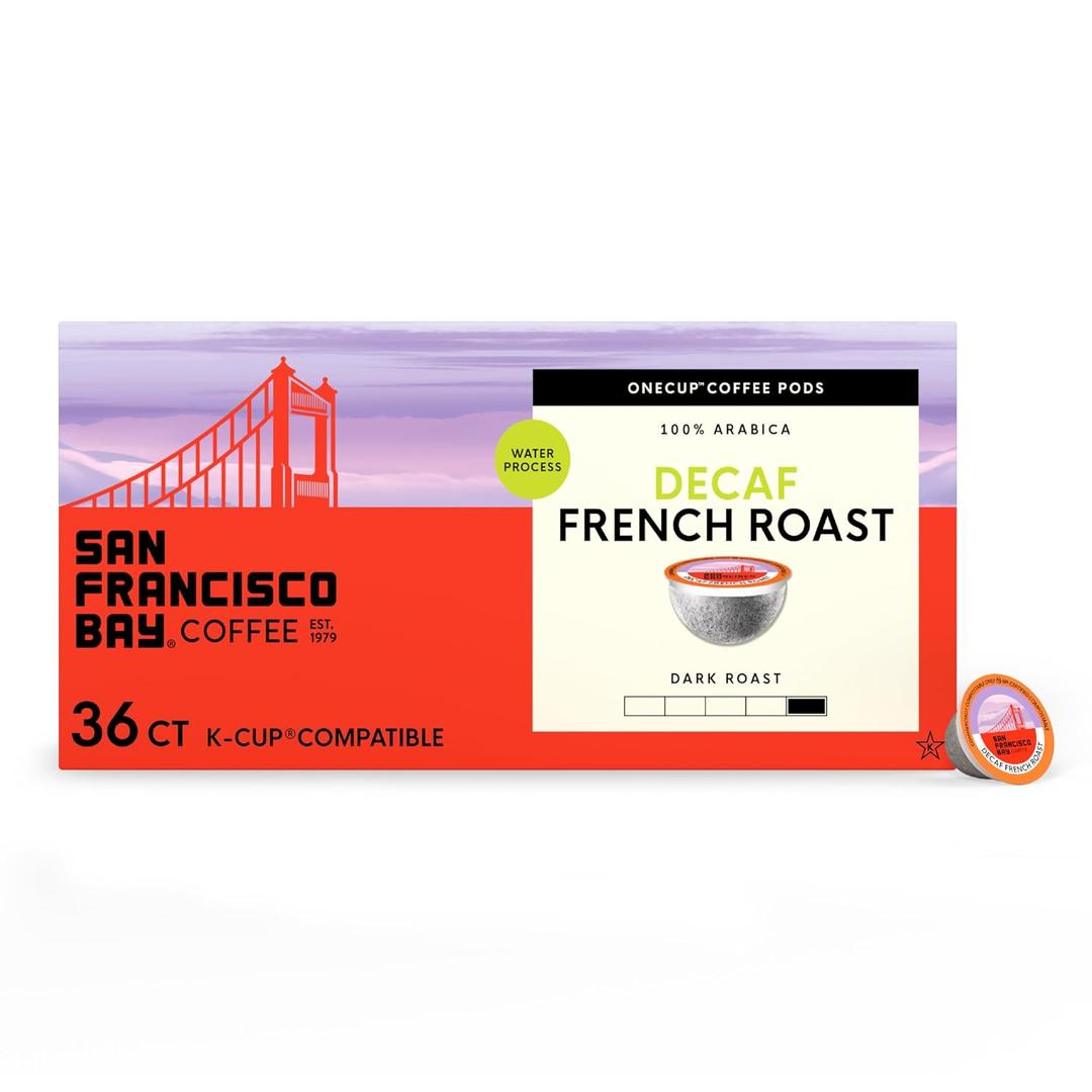 San Francisco Bay Decaf K-Cup Coffee Pods, Decaf French Roast (36 ct), Dark Roast, Commercially Compostable Single-Serve Coffee Pods, Swiss Water Process (EXP 11/05/26)