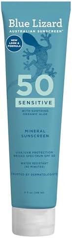 BLUE LIZARD Sensitive Mineral Sunscreen with Zinc Oxide 50+ Water Resistant UVAUVB Protection with Smart Cap Technology Fragrance Free, Sensitve, SPF 50 - - Tube, Unscented, 5 Fl Oz Exp 2027/07