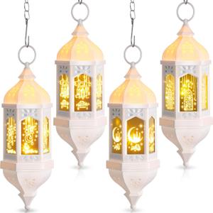 Threan 4 Pcs Ramadan Lantern Hanging Hexagon Decorations Ramadan Mubarak Lantern LED Eid Mubarak Lights Kids Gifts for Home Muslim Islam Festival Porch Decor(White)