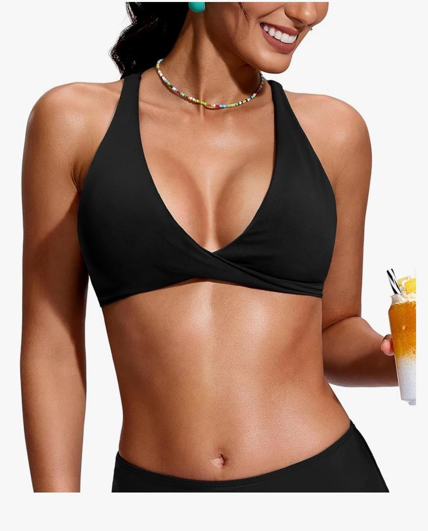 Soothfeel Bikini Tops for Women Push Up Padded Swim Top Twist Front Bathing Suit Criss Cross Back Tankini Swimsuit Top Only, Size M