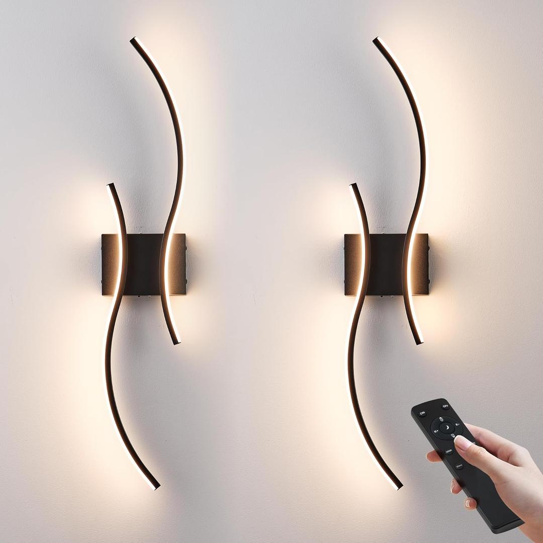 Battery Operated Wall Sconces Set of Two with Remote Control, Stepless Colors 3000K-6000K & Dimming, LED Black Wireless Wall Light for Living Room, Hallway, Bedroom, 31.5 Inch (2 Pack)