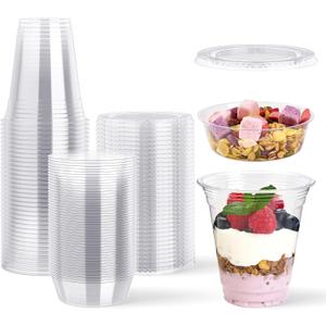 Lilymicky 50 Sets 12 oz Clear Plastic Parfait Cups with Insert & Flat lids, Disposable Yogurt Fruit Cups for Kids, for Dips and Veggies, Breakfast and Snacks