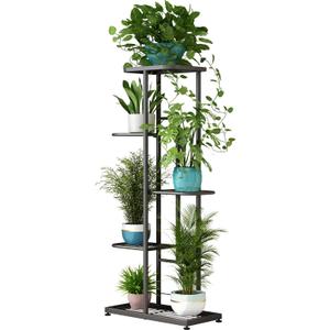 LINZINAR Plant Stand Indoor Outdoor Metal 5 Tier 6 Potted Multiple Flower Pot Holder Shelf Planter Display Shelving Unit for Patio Garden Corner Balcony Living Room (5 Tier 6 Potted, Dark Grey)