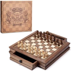AMEROUS Magnetic Wooden Chess Set, 12.8" x 12.8" Walnut Chess Board Game with 2 Built-in Storage Drawers - 2 Bonus Extra Queens - Chess for Beginner, Kids and Adults, Gift Packaging