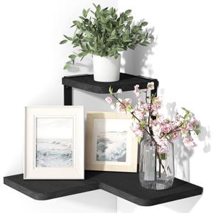 SRIWATANA Rustic Corner Shelf Wall Mounted, 2-Tier Floating Wall Shelves for Bedroom, Living Room, Bathroom, Black (Weathered Black)