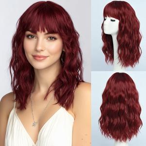 Long Burgundy Wigs with Bangs for Women Synthetic 16inch Wavy Medium Length Wine Red Wig with Fringe Water Wave Female Heat Resistant Hair for Daily Party Costume Cosplay Anime Use (16 inch)