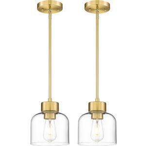 2-Pack Pendant Lights Kitchen Island, 7" Brushed Gold Hanging Lights Fixtures with Clear Glass Shade, Modern Brass Kitchen Pendant Lighting Over Island for Dining Room, AD-24024-1P2-GD