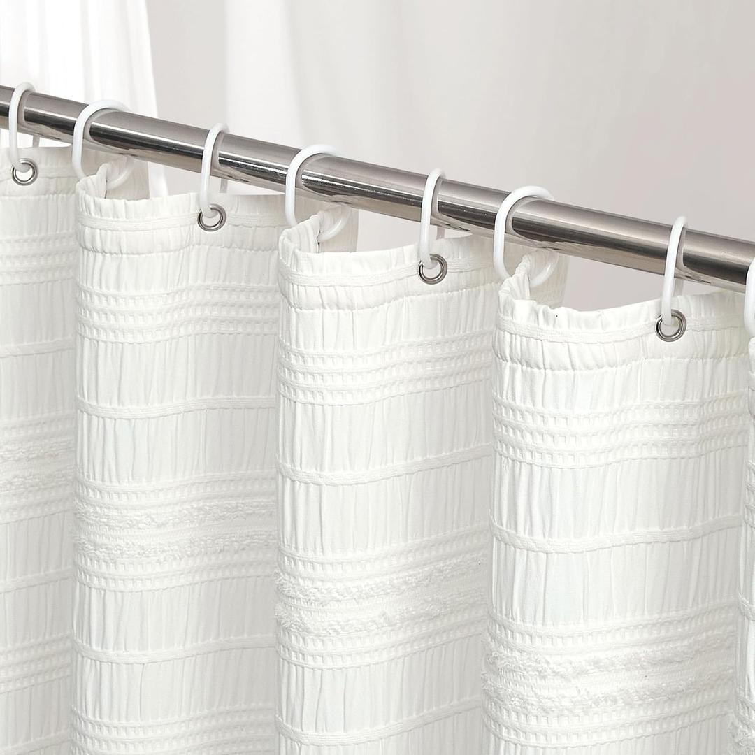 Siiluminisoy Extra Long Farmhouse White Boho Shower Curtain 72 x84 Cotton Blend Tufted Fabric Waffle Textured Shabby Chic Rustic Minimalist Striped Shower Curtains for Bathroom, Hotel