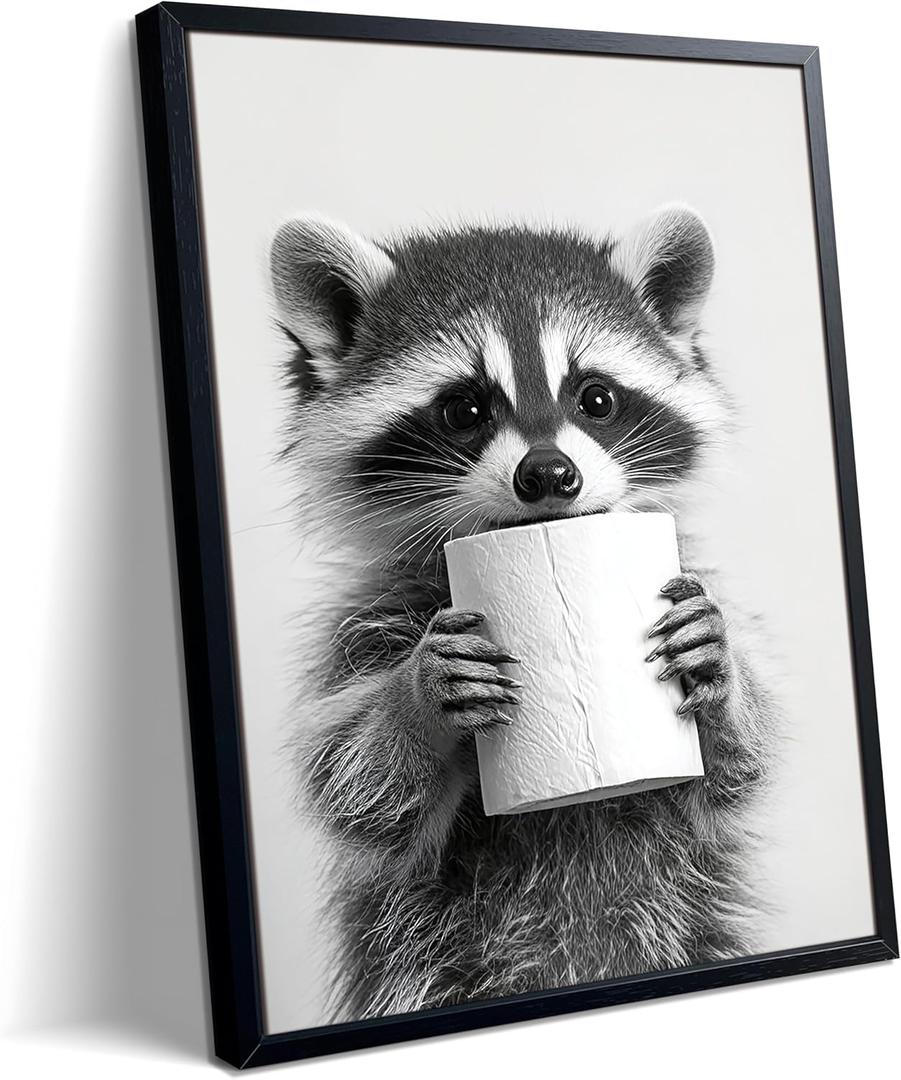 XYHYRA Bathroom Wall Art, Cute Black and White Raccoon Canvas Prints Poster, Funny Animal Decor Oil Painting, Modern Farmhouse Picture Artwork for Bathroom Toilet Wall Decor 8x10 Inch Framed