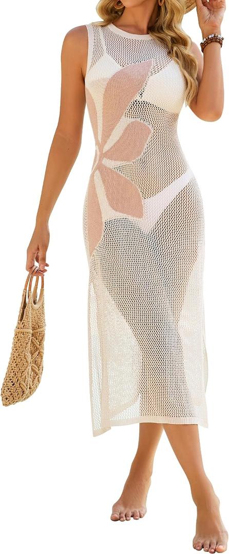 BMJL Womens Swimwear Cover Ups Crochet Hollow Out Long Bathing Suit Coverup Bikini Sleeveless Side Split Beach Dress (White, XS)