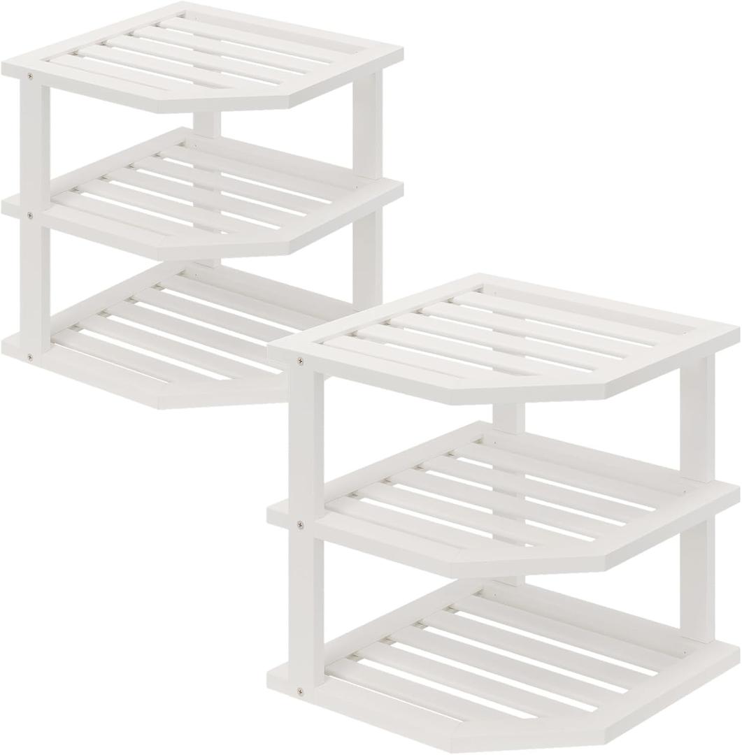 VERTORGAN 3 Tier Bamboo Corner Shelf (2 Pack),Dish Drying Rack, Plate Organizer, Kitchen Spice Rack for Countertop and Cabinet (White)