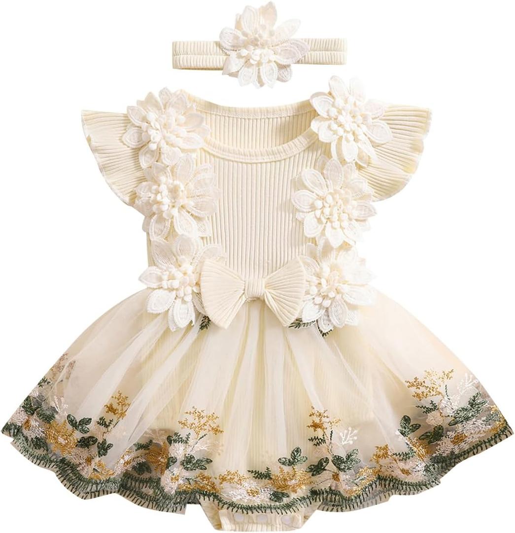 Infant Baby Girl Summer Clothes Romper Dress Embroidery Mesh Tulle Skirt Hem Ribbed Bodysuit Cute Newborn Outfits (Floral Apricot, 18-24 Months)