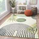 RoomTalks Mid Century Modern Washable Rug, Boho Cute Aesthetic 6x9 Area Rugs for Bedroom Dining Living Room Kitchen Office, Green Abstract Tropical Leaves Non Slip Thin Indoor Botanical Carpet (5'11" x 8'10" (Rectangular))