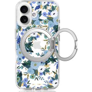 for iPhone 16 Case with MagSafe Stand Ring for Women, Cute Clear Floral Design with 360 Kickstand Holder Magnetic Shock Proof Heavy-Duty Protection Blue Flower