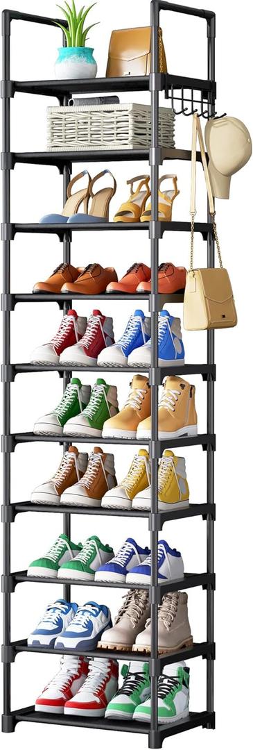 Kitsure Shoe Rack - 10-Tier Shoe Organizer with Detachable Fabric Shelves & Metal Frame, Tall Shoe Rack for Closet, Entrance, Living Room, 16.9" x 11.8" x 68.5", Black