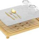 Golener Stone Drying Mat for Kitchen Counter, Dish Drying Pad with Bamboo Rack, Super Absorbent Diatomaceous Earth and Drying Rack, Multi-Purpose Quick Drying Mat Rack for Kitchen, 16”x12”, Dark Grey