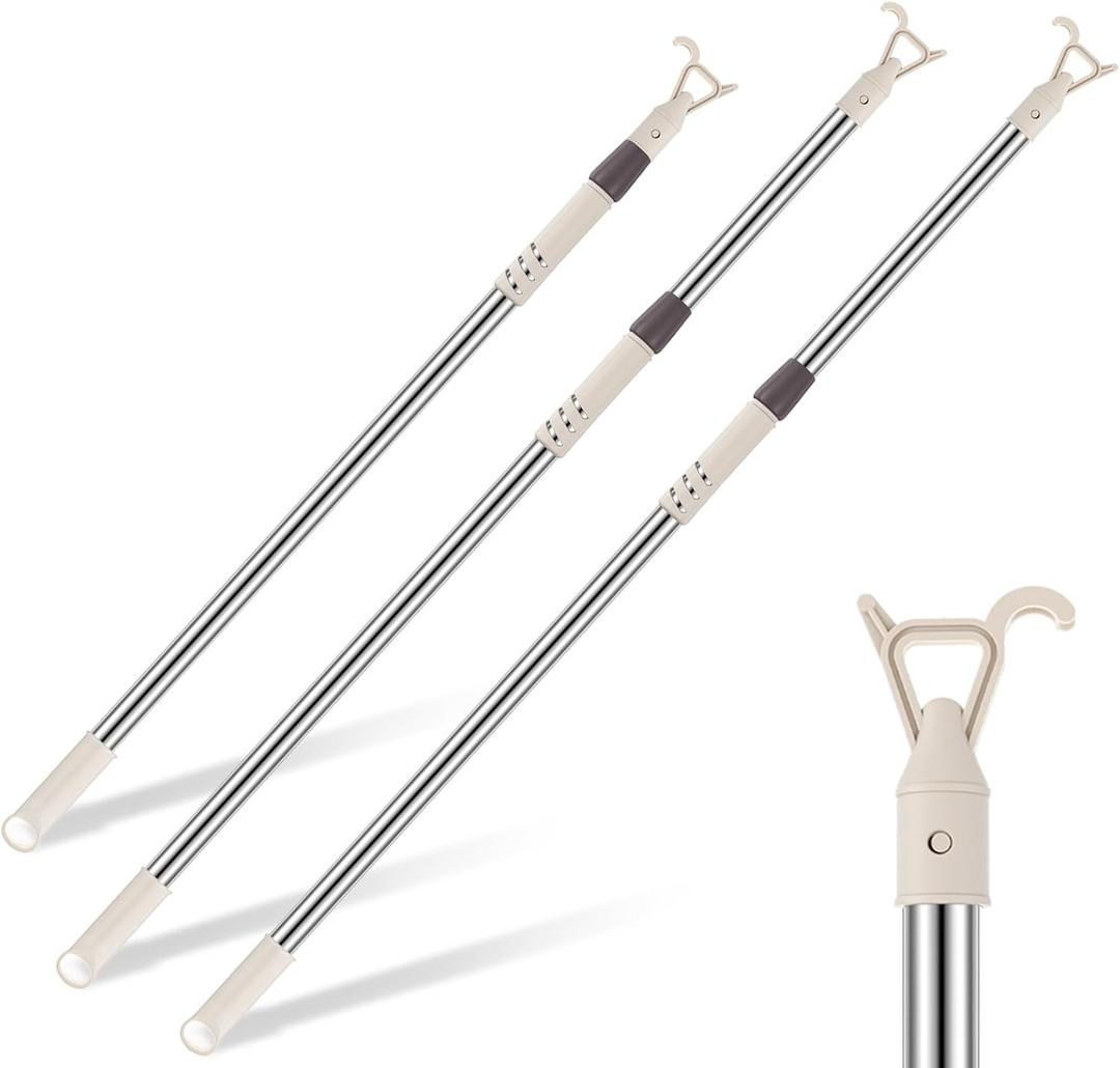 Reallnaive 3 Pack Telescoping Skylight Pole with Hook up 47 to 98 Inch Wand for Blinds Tension Rod Blinds Shades Stainless Steel Adjustable Curtain Pull Wand for Skylight Cordless Window (Beige)