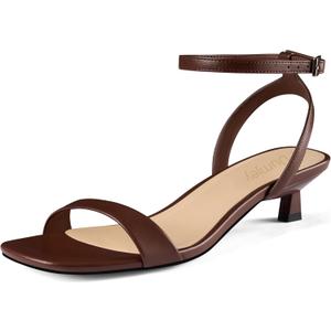 Women Kitten Heel Sandals Ankle Strap Heeled Sandals Square Open Toe Dress Party Shoes (Brown)