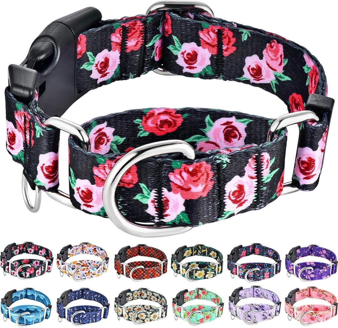 Martingale Collar for Dogs Pink Floral Dog Collar for Large Dogs with Buckle Girl Female Soft Nylon Dog Collars (Black Pink Rose, L)