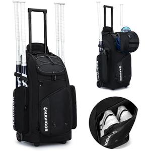 KAVIGOR Rolling Baseball Bag with Wheels, 60L Capacity Softball Bag Holds 4 Bats for Boys and Girls, Youth Equipment Bag with Shoe Compartment, Large