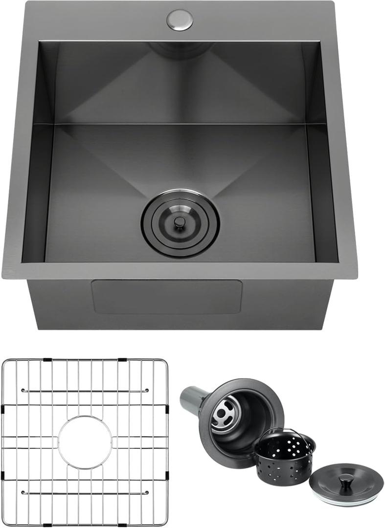 FRANIC 18" Handmade Black Bar Workstation Sink, 18" x 18" x 9" Stainless Steel Matte Nano Black Topmount Single Bowl Small Kitchen Outdoor Sink